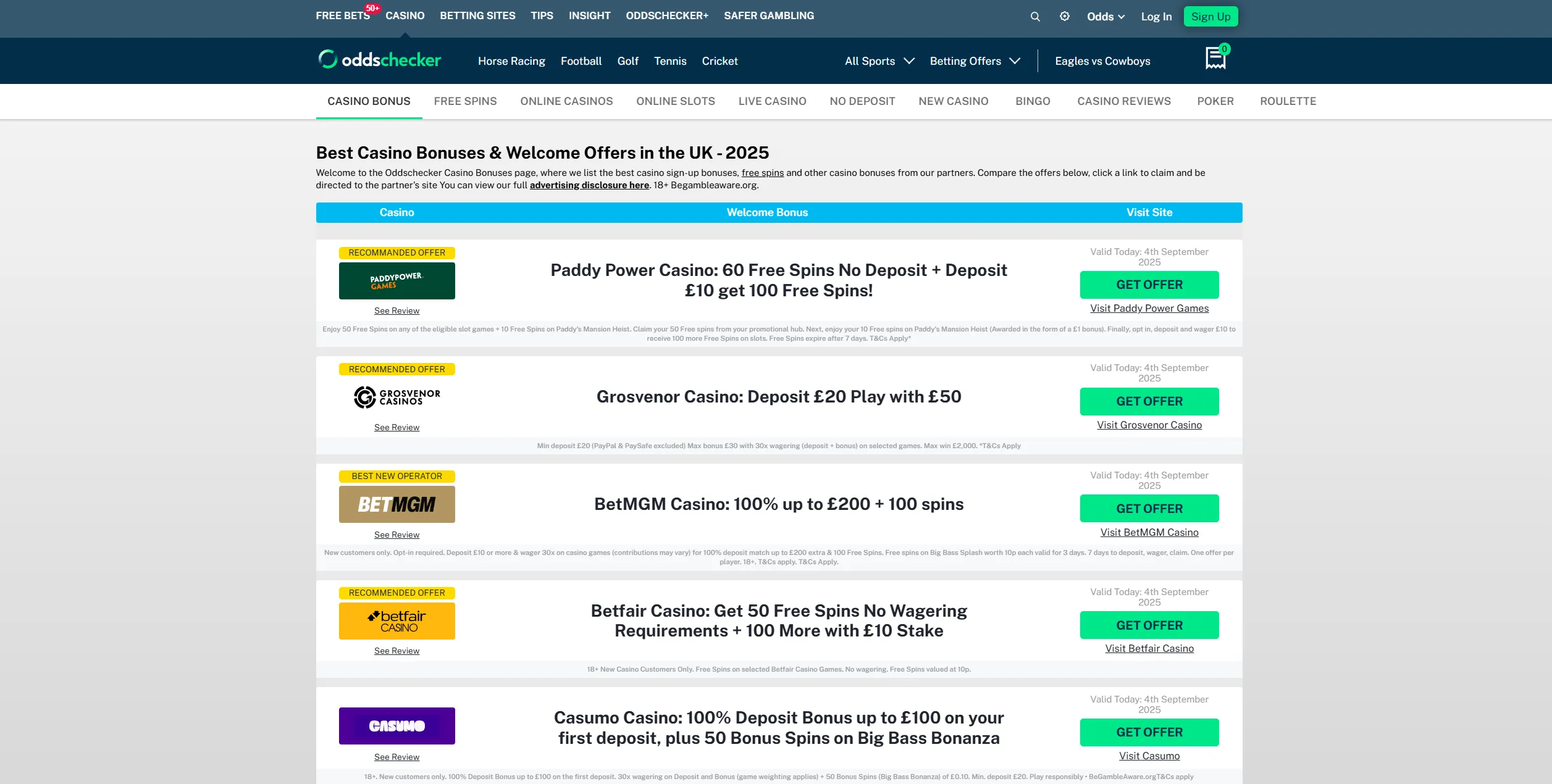 Screenshot of Oddschecker.com – Best Casino Bonuses & Sign-Up Offers